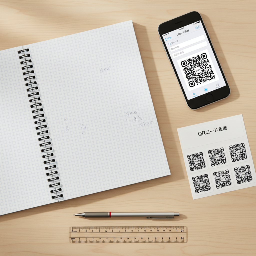 An overhead shot of a neatly organized Japanese study desk featuring an open notebook with squared Japanese paper, a neatly printed QRコード sticker sheet, and a space gray iPhone displaying a QRコード creation screen in Japanese. The phone shows input fields and a preview QRコード above them on a clean white UI. The desk surface is light birch wood, with a transparent acrylic ruler and a fine mechanical pencil aligned precisely. Soft, indirect morning light from the left creates delicate shadows and a gentle, studious ambiance. The composition uses the rule of thirds, placing the iPhone slightly off-center while maintaining sharp focus across the entire frame. The style is clean, modern, and photographic, conveying organized learning and easy QR utilization for schools.