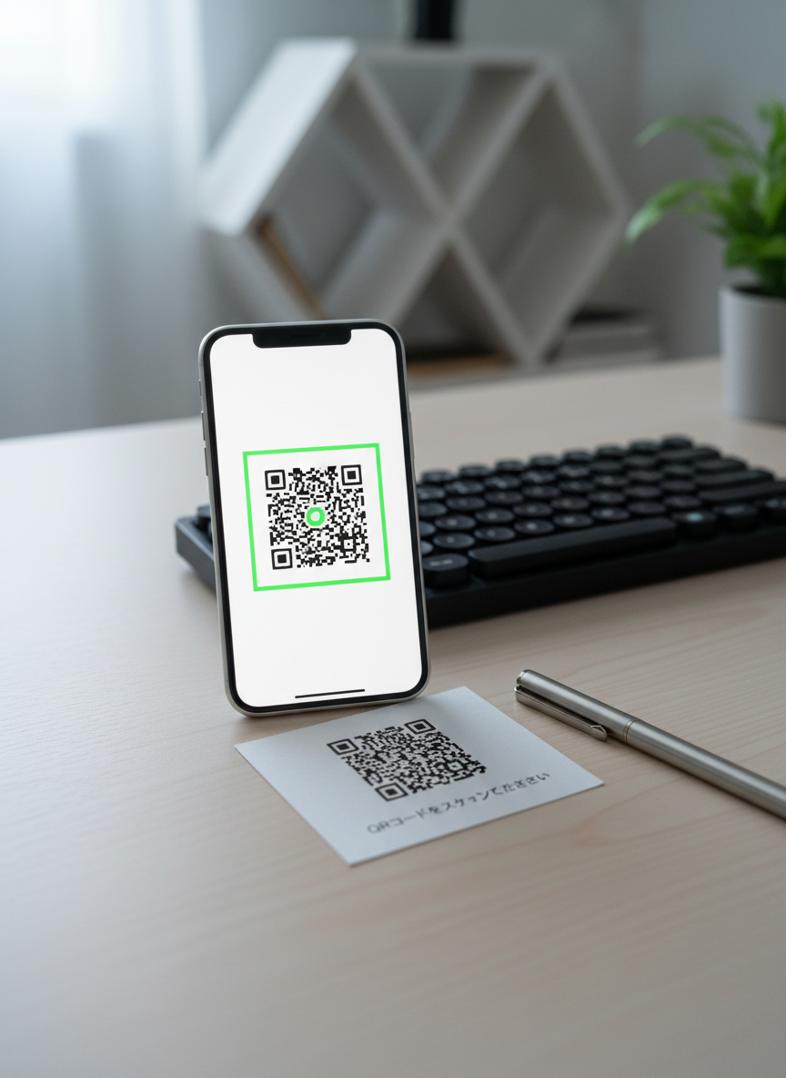 A close-up of an iPhone held upright in a minimalist home office setting, its bright display showing a QRコード scanner interface with a bold square frame focusing on a printed QRコード on a white card lying on a pale wood desk. The card sits beside a sleek black keyboard and a thin metal pen aligned precisely. Cool, diffused daylight from an unseen window washes over the scene, highlighting the phone’s polished edges and the matte texture of the card. The atmosphere is efficient and organized, emphasizing seamless digital workflow. Captured from a slightly elevated angle with the QRコード scanner occupying the central composition, background elements fall into soft bokeh, emphasizing clarity and functionality in photographic realism.